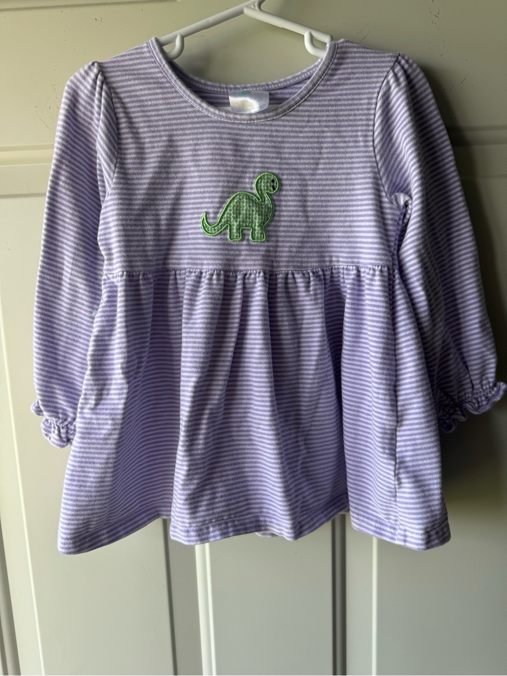 Lavender Striped Long-Sleeve Top with Green Dino Applique